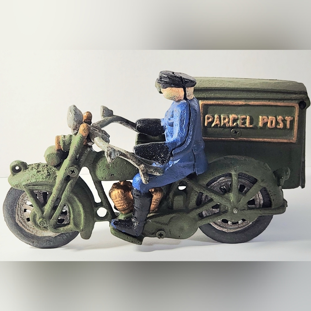Vintage Cast Iron U.S Parcel Post Motorcycle With Detachable Rider Mail Man
